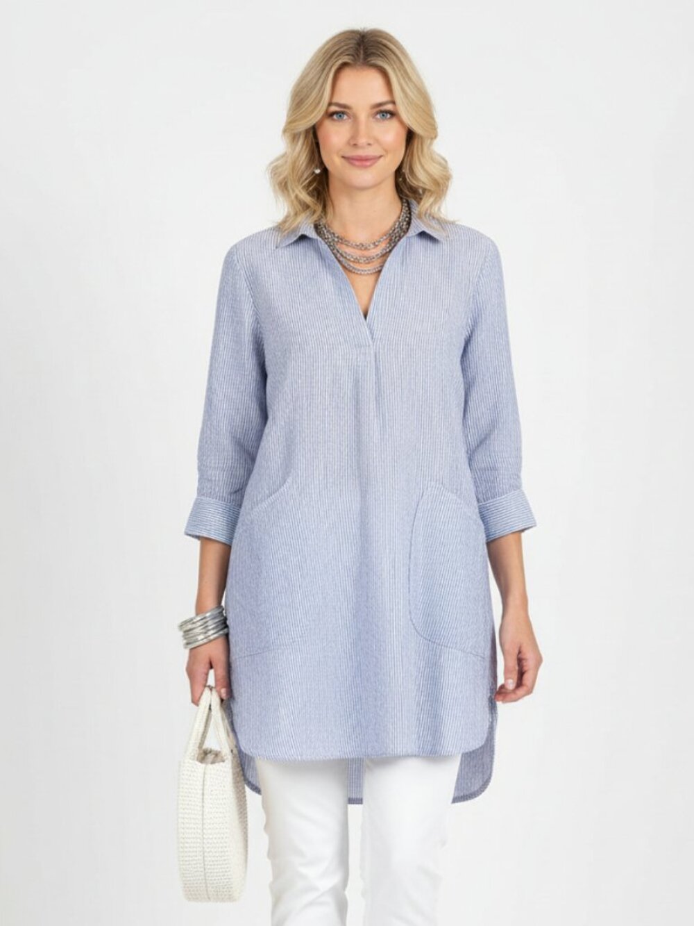 For Cynthia Linen Blend Blue & White Striped Long‎ Sleeve Tunic Top L